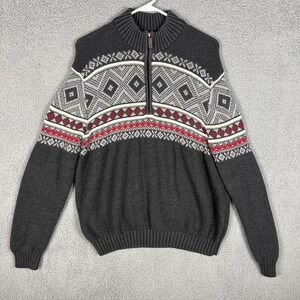 Izod Mens Fair Isles Sweater Size L Gray 1/4 Zip Pullover Mock Neck Knit Nordic
